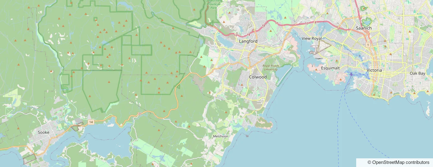 Map of the Elevated Tree Service area, from Sooke and East Sooke through Metchosin, Langford and Colwood to Victoria, Saanich and Oak Bay
